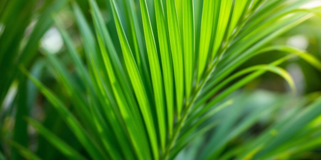 Close-up of green Areca palm leaves in natural light.