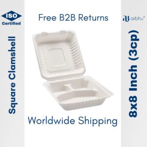 8x8 inch bagasse clamshell 3CP- 500pieces (25×20)