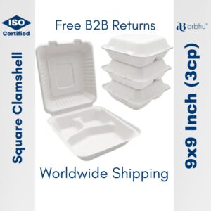 9x9 inch bagasse clamshell 3CP- 500pieces (25×20)