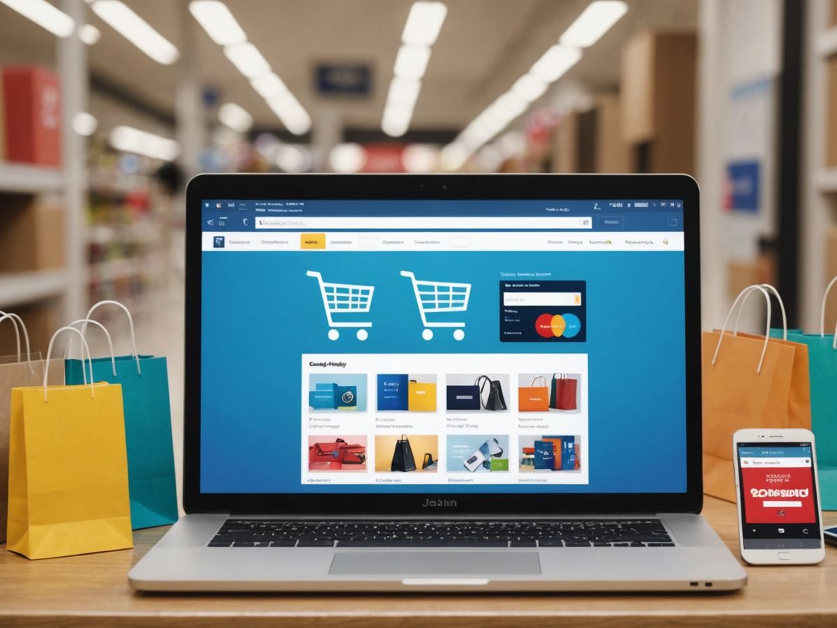 Laptop with e-commerce site and shopping items