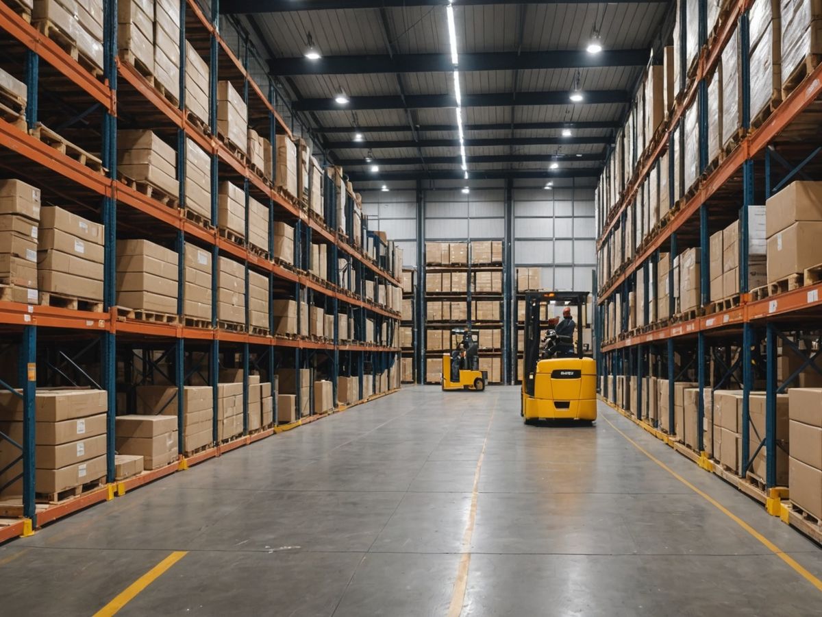 Warehouse with pallets and forklifts in motion