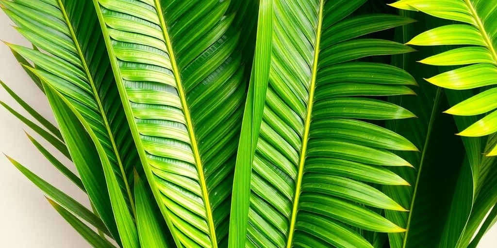 Close-up of green Areca palm leaves on neutral background.