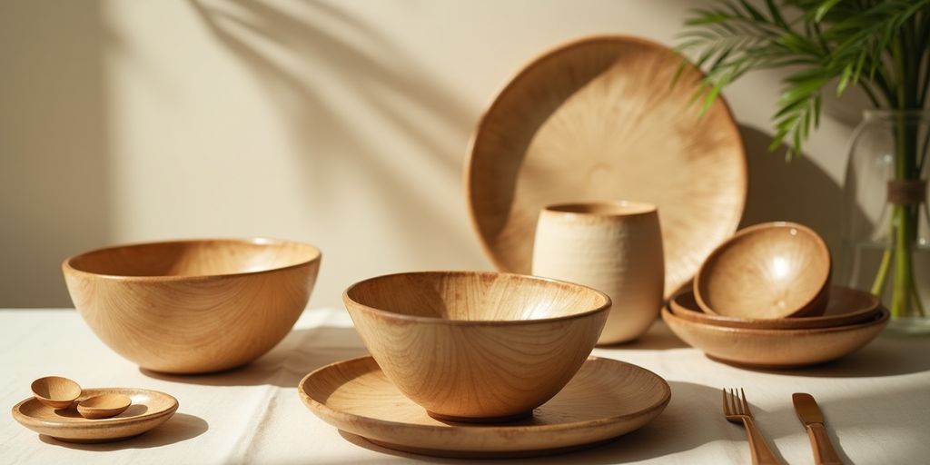 Elegant Areca leaf tableware in natural hues.