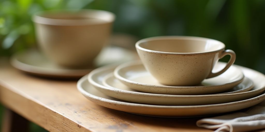 Eco-friendly Areca tableware on a wooden table.