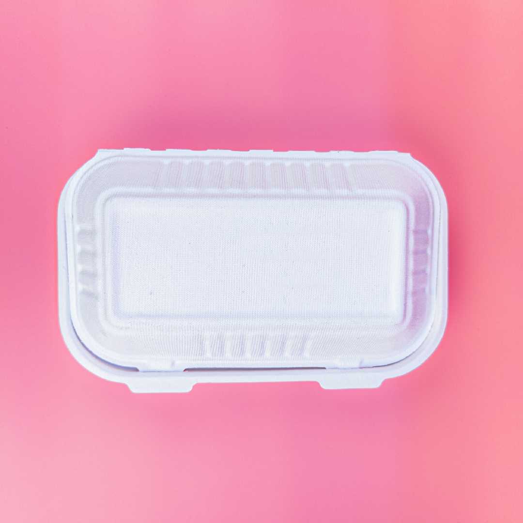 Compostable sugarcane bagasse clamshell container made by Arbhu Enterprises