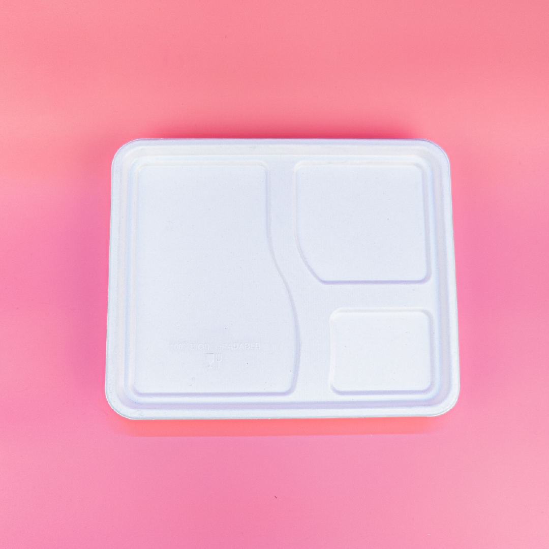 Compostable sugarcane bagasse compartment meal tray made by Arbhu Enterprises