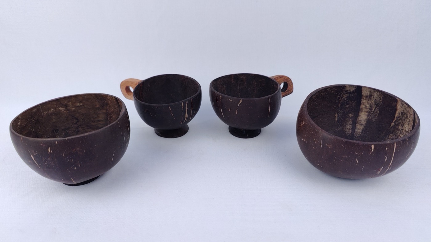 Coconut shell bowls and cups made by Arbhu Enterprises