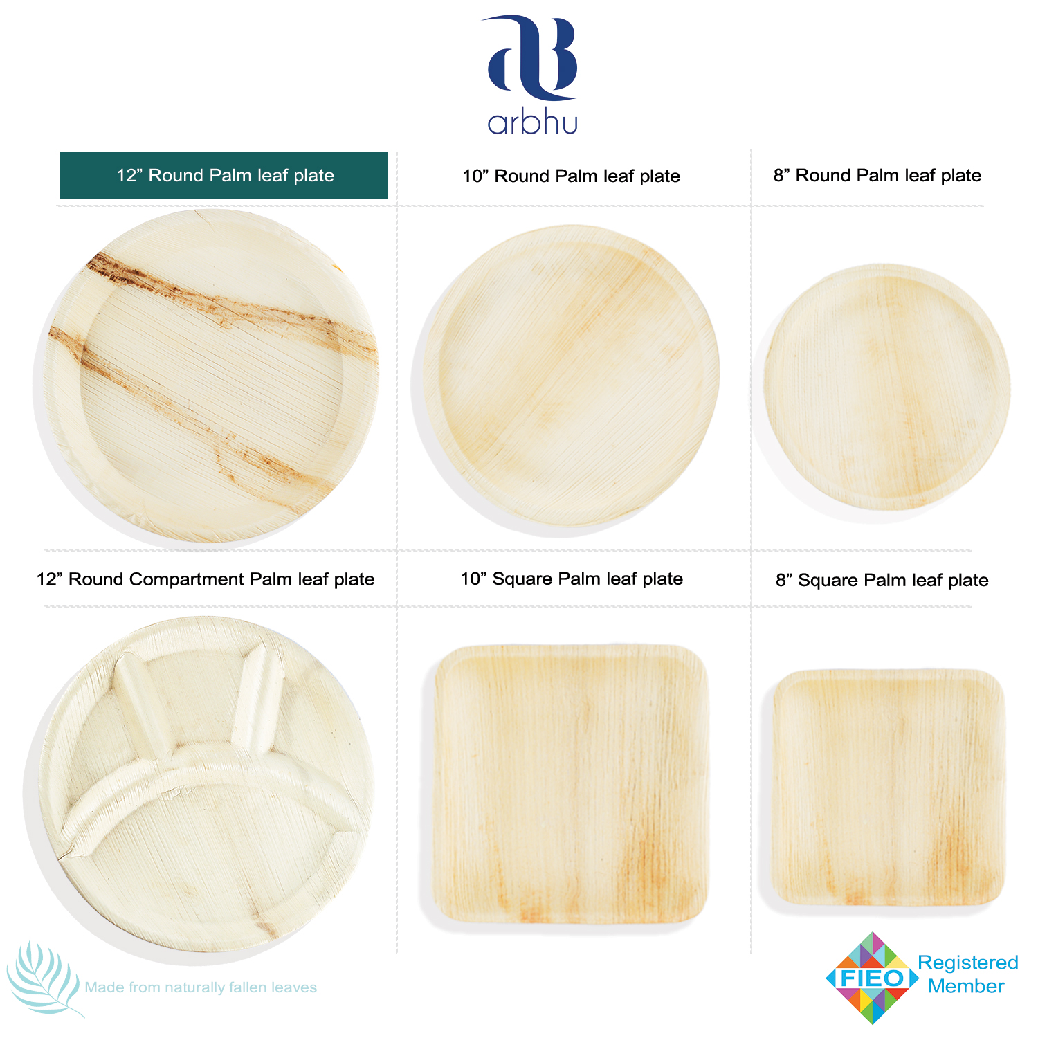 Arbhu palm leaf plate sizes and shapes: 8, 10, 12 inch round, square, and compartment areca plates